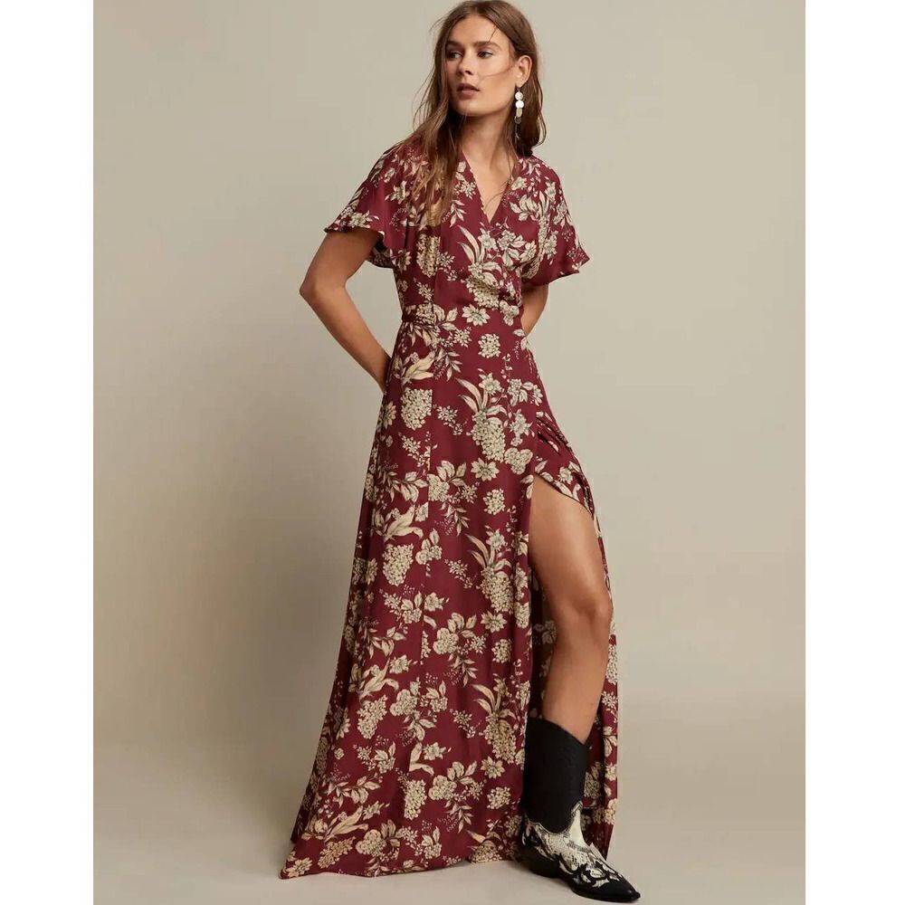 Mango Side Split Floral Print Wrap Style Viscose Maroon Dress